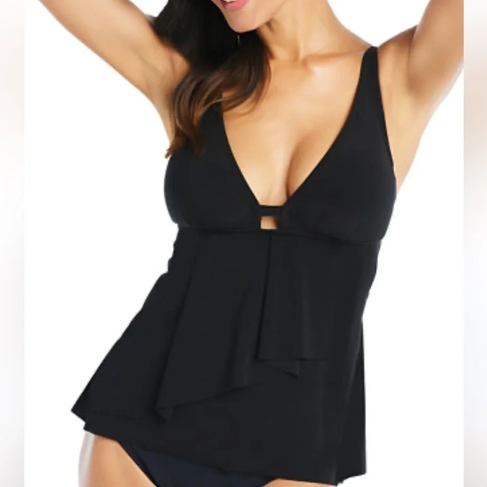 Beyond Control Front-Cascade Tankini Top Black Size 6